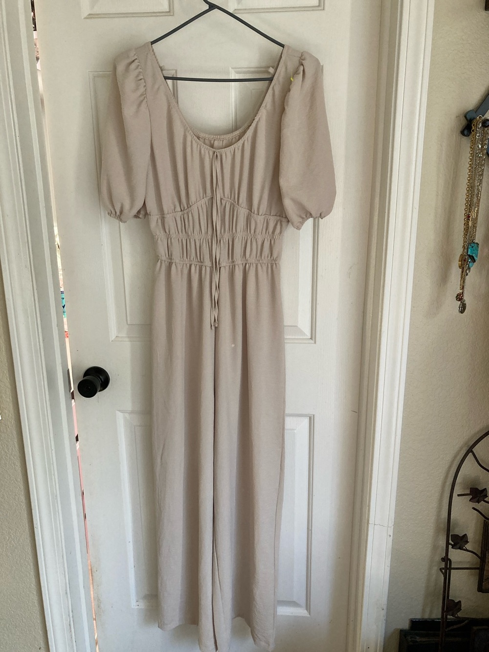 Beige Puff-Sleeve Maxi Dress with Cinched Waist